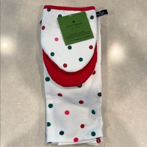 Kate Spade Red and Green Polka Dot Kitchen Towel and oven mitt set